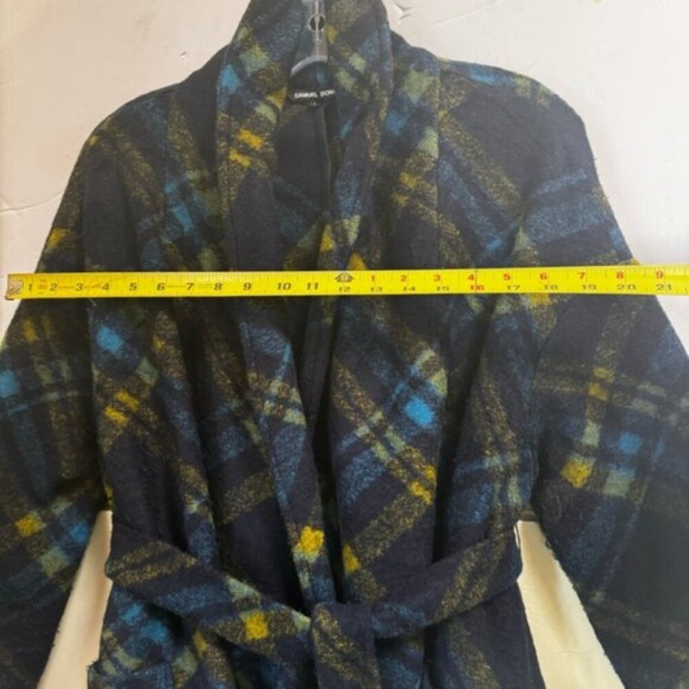 Samuel Dong Wool Check Fringe Wrap Coat Shawl Pockets Tartan Poncho Oversized L - Picture 14 of 16
